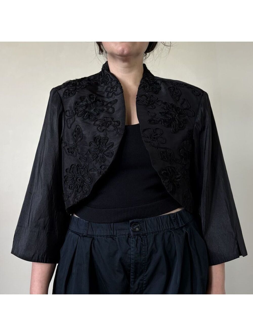 Black Bolero Witchy Goth Jacket Y2K Floral Braided Applique Size 24W